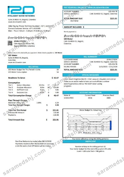 Colombia i2O Water utility bill